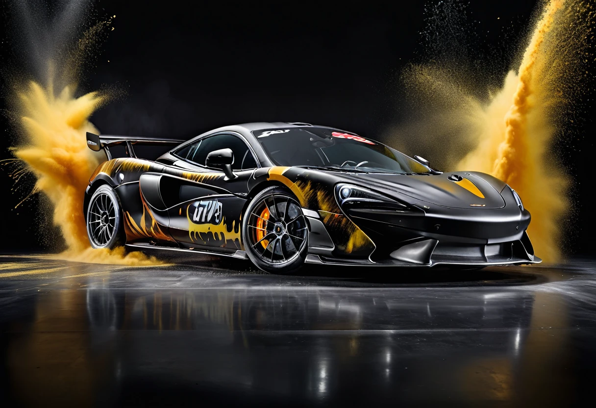 McLAREN 570S GT4, black backdrop, paint exploding in the background