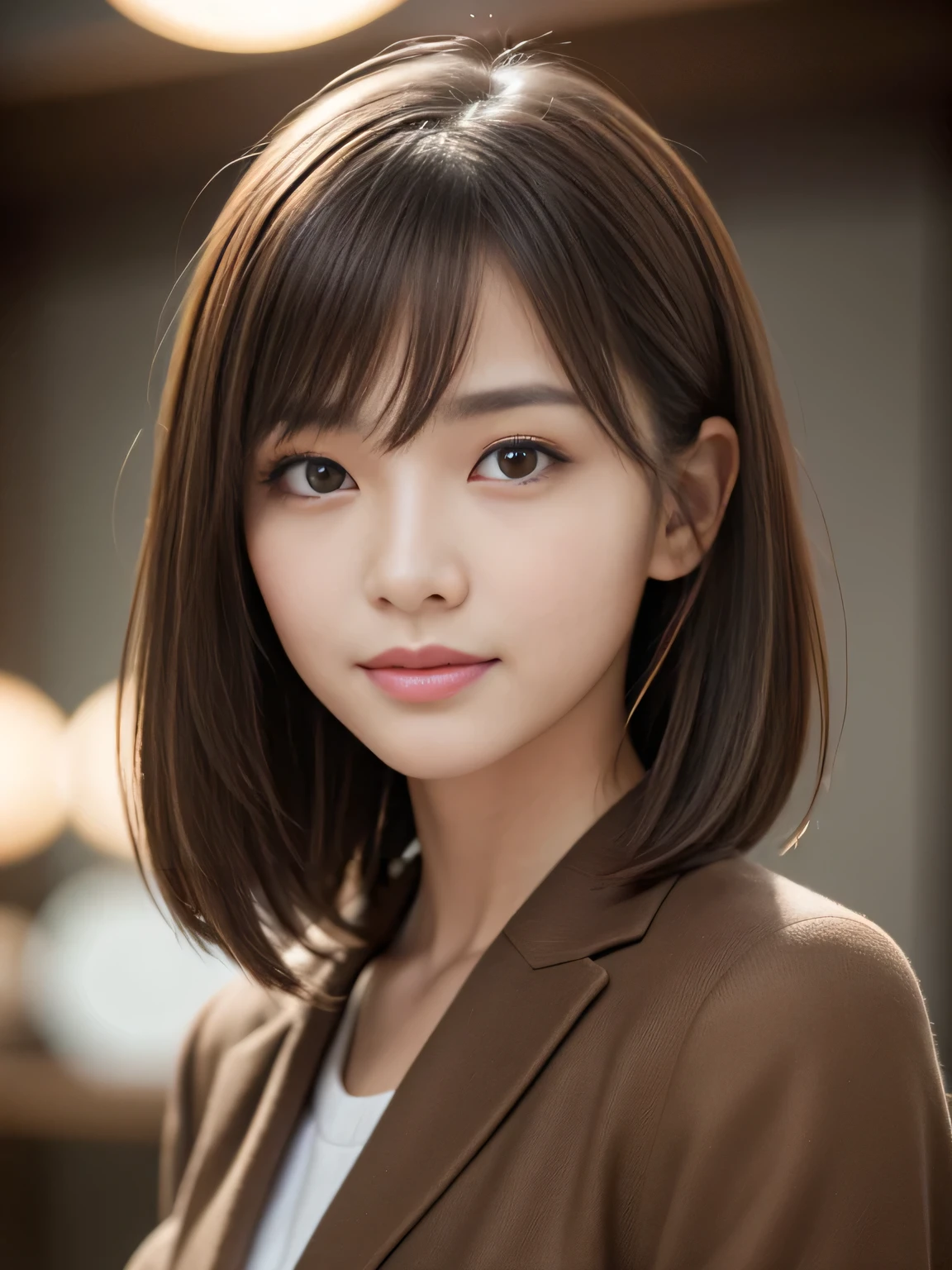 masterpiece, best quality, ultra-detailed, intricately detailed hyperdetailed, realistic, sharp features, highly detailed, sharp focus, 15 years old, (Japanese idol), perfect face, perfect symmetrically perfect eyes, perfect full lips, flexible female form, film light, hyper detailed, hyper realistic, high resolution, vibrant, dynamic studio lighting, short hair, Brown Hair, Shoulder Length Layered, asymmetrical bangs, brown Eyes, (Impish Smile:1.2), cowboy shot,