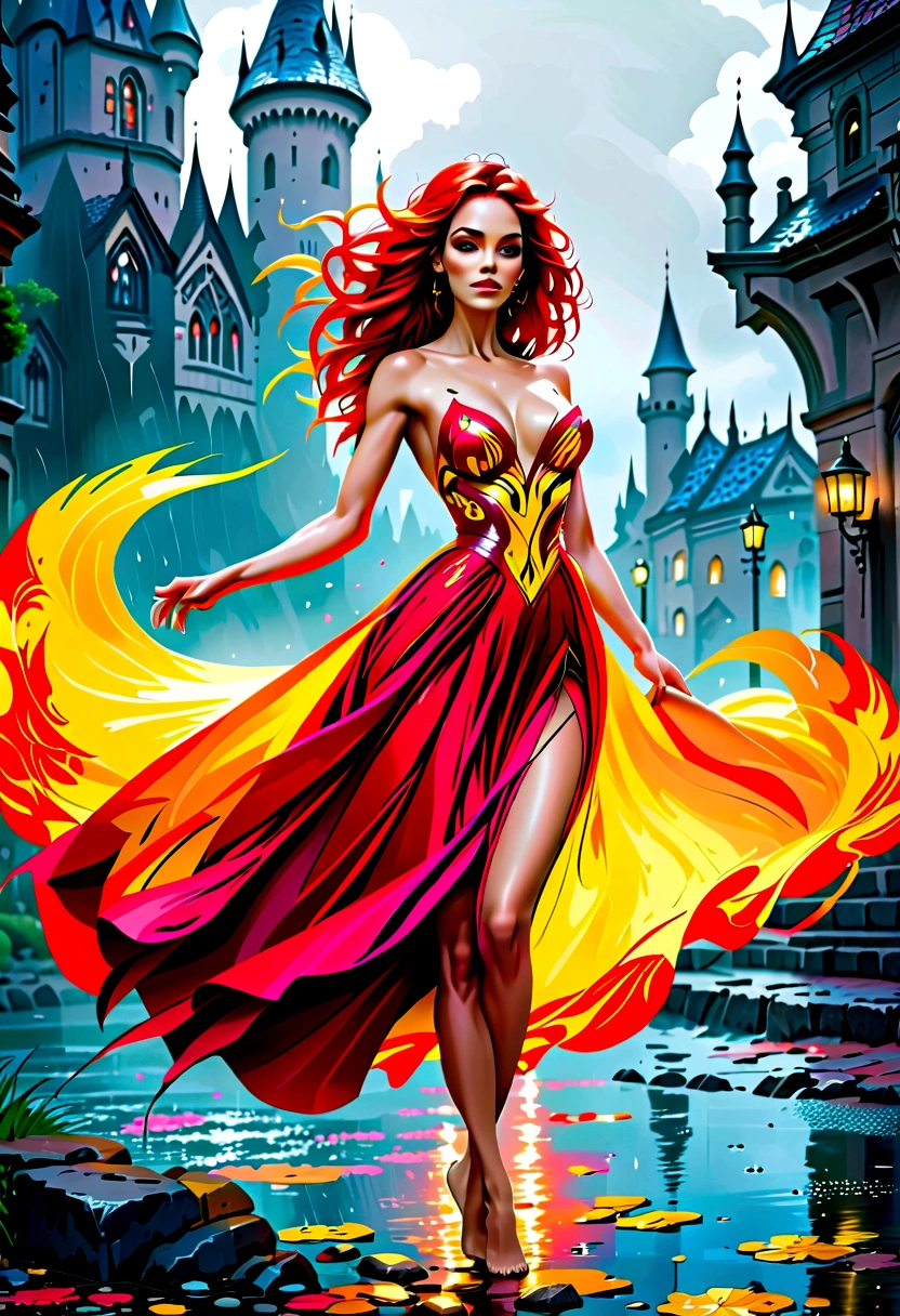 a sorceress of fire making fire dance in a the (storm of rain: 1.3), a most exquisite beautiful sorceress, controlling fire manipulating fire, a woman, dynamic hair color, dynamic hair style, (most beautiful face: 1.3), (ultra detailed face: 1.2), wet hair, wet face, dynamic eyes color, full body shot, wearing dress made of fire, wearing intricate high heels, light make up, dancing in courtyard of a fantasy castle, ((heavy rain drops: 1.1)), clouds in the sky, (anatomically correct: 1.4), (full body shot: 1.1) , vibrant, Ultra-high resolution, High Contrast, (masterpiece:1.5), highest quality, Best aesthetics), best details, best quality, highres, ultra wide angle, 16k, [ultra detailed], masterpiece, best quality, (extremely detailed), firecd_xl, phoenix dress, fireMagicAI, Intense gaze