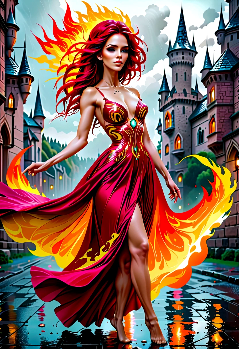 a sorceress of fire making fire dance in a the (storm of rain: 1.3), a most exquisite beautiful sorceress, controlling fire manipulating fire, a woman, dynamic hair color, dynamic hair style, (most beautiful face: 1.3), (ultra detailed face: 1.2), wet hair, wet face, dynamic eyes color, full body shot, wearing dress made of fire, wearing intricate high heels, light make up, dancing in courtyard of a fantasy castle, ((heavy rain drops: 1.1)), clouds in the sky, (anatomically correct: 1.4), (full body shot: 1.1) , vibrant, Ultra-high resolution, High Contrast, (masterpiece:1.5), highest quality, Best aesthetics), best details, best quality, highres, ultra wide angle, 16k, [ultra detailed], masterpiece, best quality, (extremely detailed), firecd_xl, phoenix dress, fireMagicAI, Intense gaze