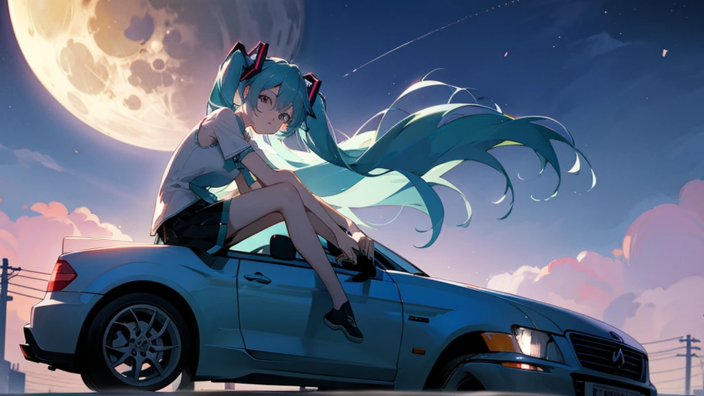 Hatsune Miku、Under the moon、Leaning against the car