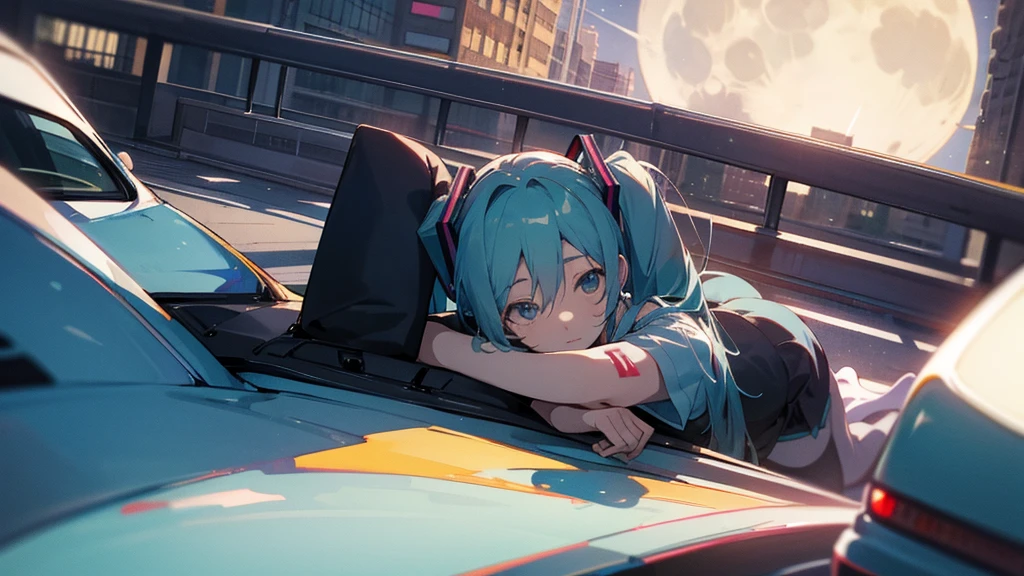 Hatsune Miku、Under the moon、Leaning against the car