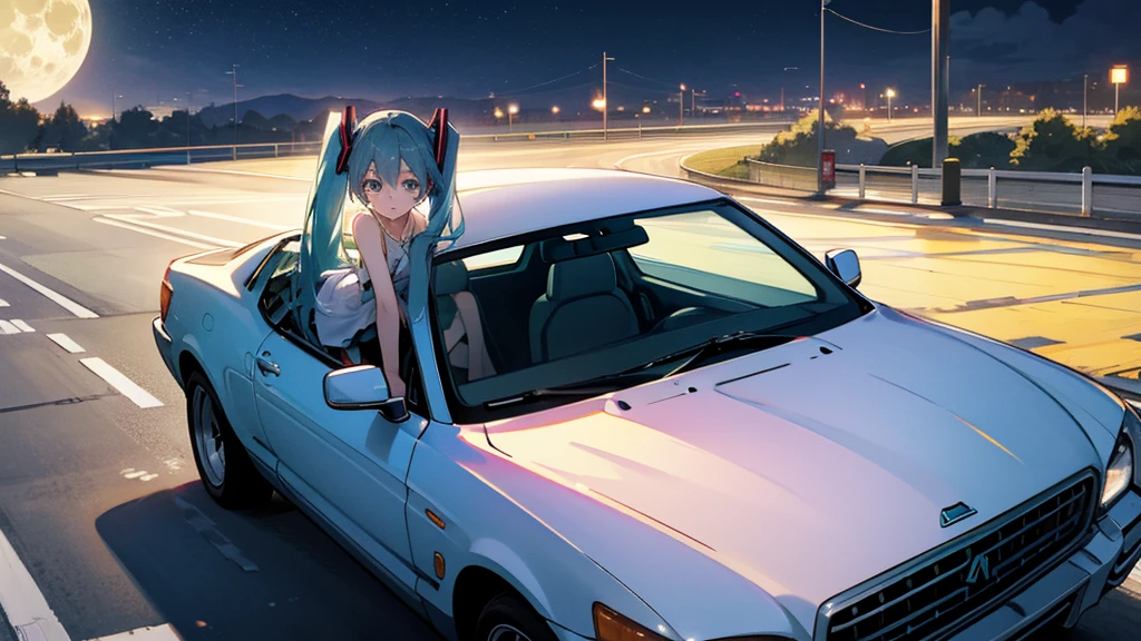 Hatsune Miku、Under the moon、Leaning against the car