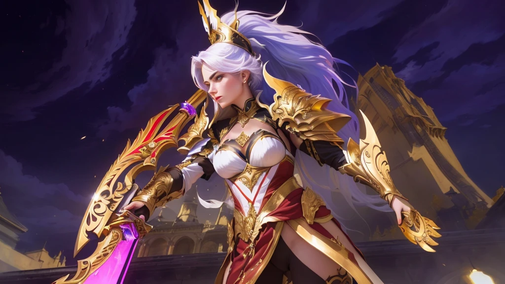 a close up of a woman in a costume with a sword,