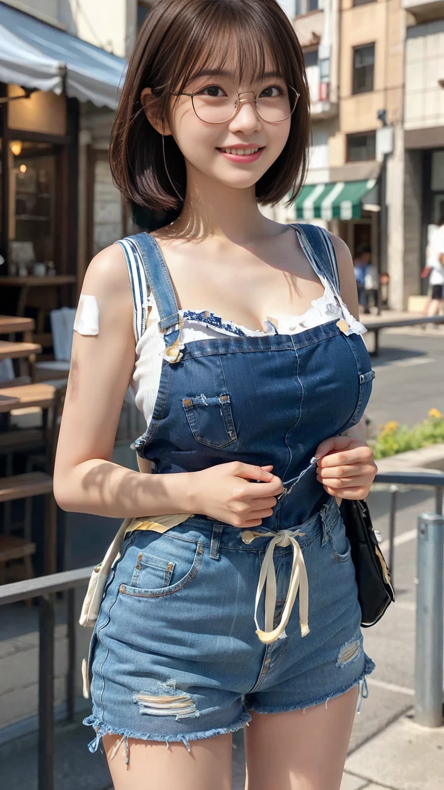 Highest quality, masterpiece, Ultra-high resolution, (Realistic:1.4), Voluptuous,Beautiful woman,(Shortcuts),((Big Breasts)) ,Beautiful Skin, Fine skin, 魅惑的なsmile, Background blur, smile, T-Shirts、Very short shorts、Glasses、白いT-Shirty blue miniskirt is blowing up in the wind、Denim apron