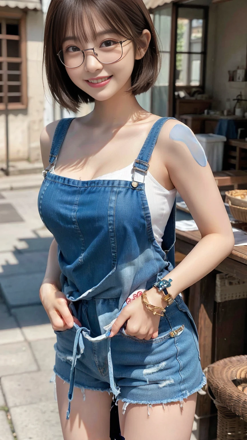 Highest quality, masterpiece, Ultra-high resolution, (Realistic:1.4), Voluptuous,Beautiful woman,(Shortcuts),((Big Breasts)) ,Beautiful Skin, Fine skin, 魅惑的なsmile, Background blur, smile, T-Shirts、Very short shorts、Glasses、白いT-Shirty blue miniskirt is blowing up in the wind、Denim apron