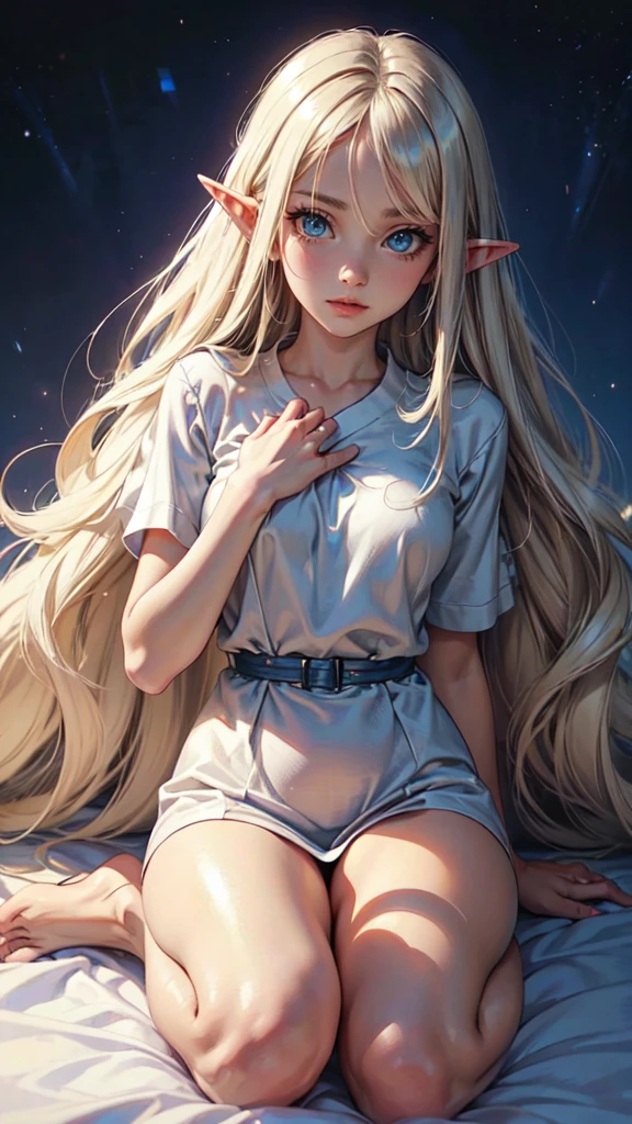 Unbeatable beauty, Skin is firm and shiny, bangs between eyes, Shiny straight beautiful platinum blonde, Silky extra long straight hair, Eyeliner, Sexy beautiful innocent 14 year old, HD big big beautiful bright blue eyes, beautiful cute girl, baby face, short sleeve,etailed face, detailed eyes, detailed hands,elf girl, full body