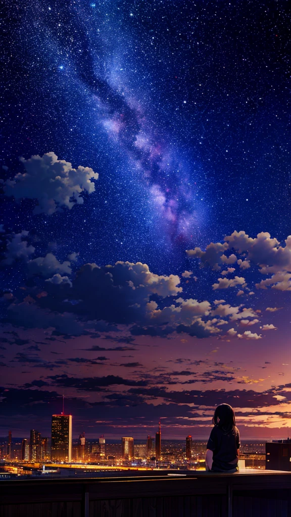 Octane, null, star (null), scenery, starry null, night, One girl, night null, alone, Outdoor, building, cloud, milky way, Sitting, wood, Long Hair, city, silhouette, cityscape,8K resolution,building,rooftop,