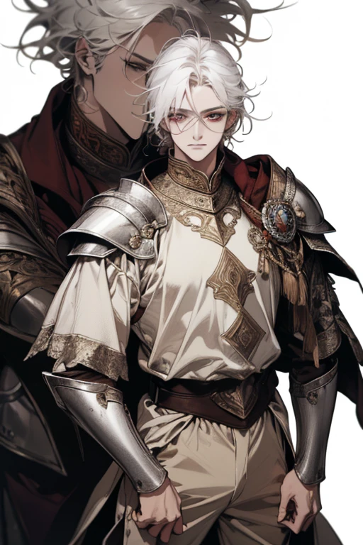 (excellent quality), (high resolution), (absurd game) ((naughty man)), (eyeballs), Half past ten, White hair, disheveled hair, ((paladin)), ((chemise, pants)), character looking at the camera, face detailed, ((Mediovale)), ((bang)), (((simple clothing))), portraite, eyeballs pequenos, traveled warrior