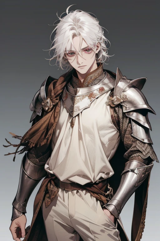 (excellent quality), (high resolution), (absurd game) ((naughty man)), (eyeballs), Half past ten, White hair, disheveled hair, ((paladin)), ((chemise, pants)), character looking at the camera, face detailed, ((Mediovale)), ((bang)), (((simple clothing))), portraite, eyeballs pequenos, traveled warrior