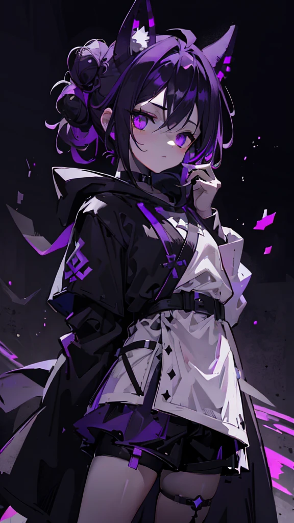 boy. thoughtful look. open forehead. black and purple hair tied in a bun on the left side to one side. winding black horns wrapped in white ribbon. white violet eyes. in short dark purple shorts. long white T-shirt. dark purple knee-high socks. dark purple long cloak inside white with hood, moonlight and stars