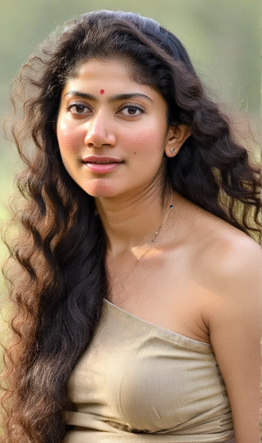 ultrarealistic hires full body nude photo of a 30-year-old sai pallavi woman, outdoors, nipple show