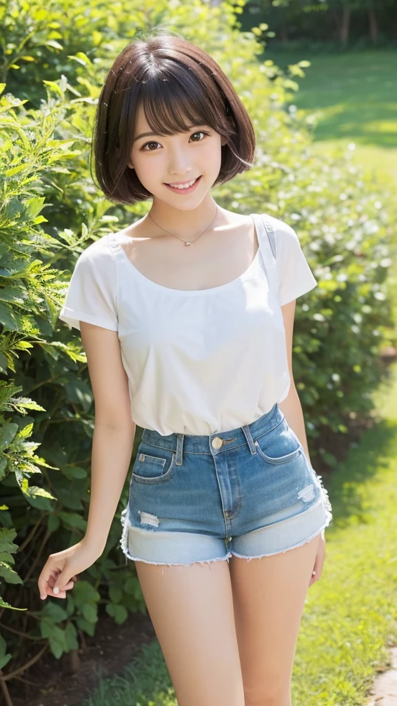 A girl with short white shorts, She has a cheerful expression, short hair, and is dressed in a casual summer outfit. She has thick thighs and slender legs. The background is a sunny outdoor setting with a clear blue sky and some greenery. The bright sunlight shines on her, creating clear shadows and highlights. The environment includes trees and grass, indicating a lot of greenery.ガニ股、しゃがむ、膝をこちらに向ける