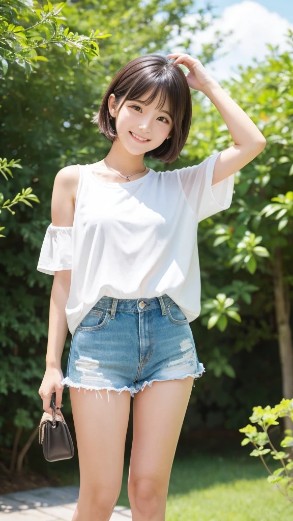 A  girl with short white shorts, She has a cheerful expression, short hair, and is dressed in a casual summer outfit. She has thick thighs and slender legs. The background is a sunny outdoor setting with a clear blue sky and some greenery. The bright sunlight shines on her, creating clear shadows and highlights. The environment includes trees and grass, indicating a lot of greenery.ガニ股、しゃがむ、膝をこちらに向ける