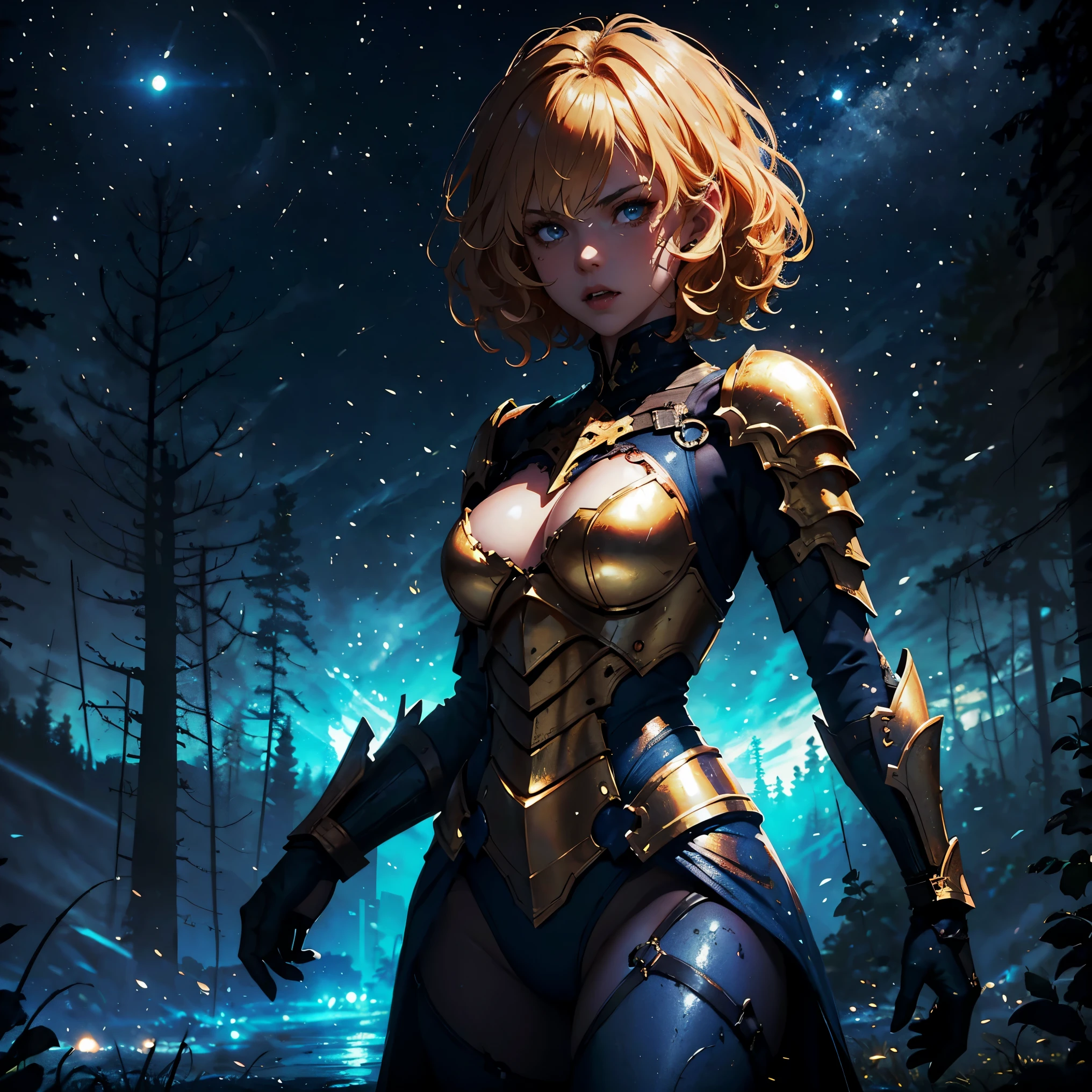 1girl, (solo), short curly hair, (golden hair), small breasts, light blue eyes, small size, fair skin, serious face, (fangs), (blue armor plate), full body, (night), blood moon, medieval town, forest behind, (very sexy body, detailed face, masterpiece, highly detailed, 8k, best quality, vibrant colors, digital art, concept art).