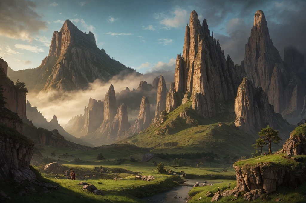 A detailed fantasy landscape, enchanted forests, majestic mountains, inspiré de Tolkien, à la manière de John Howe, digital painting, hyperrealistic, 8k, highly detailed, volumetric lighting, dramatic lighting, vibrant colors, lush vegetation, towering peaks, mystical atmosphere, cinematic composition, epic scale, intricate details, fantastical elements, photorealistic, masterpiece, forteresse