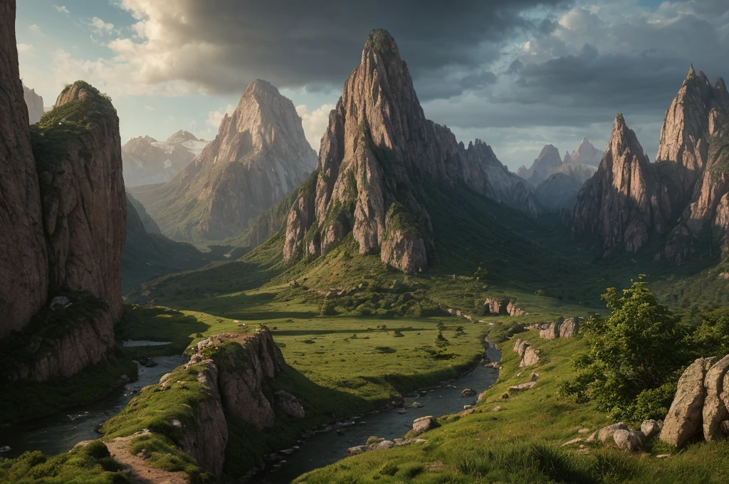 A detailed fantasy landscape, enchanted forests, majestic mountains, inspiré de Tolkien, à la manière de John Howe, digital painting, hyperrealistic, 8k, highly detailed, volumetric lighting, dramatic lighting, vibrant colors, lush vegetation, towering peaks, mystical atmosphere, cinematic composition, epic scale, intricate details, fantastical elements, photorealistic, masterpiece, forteresse