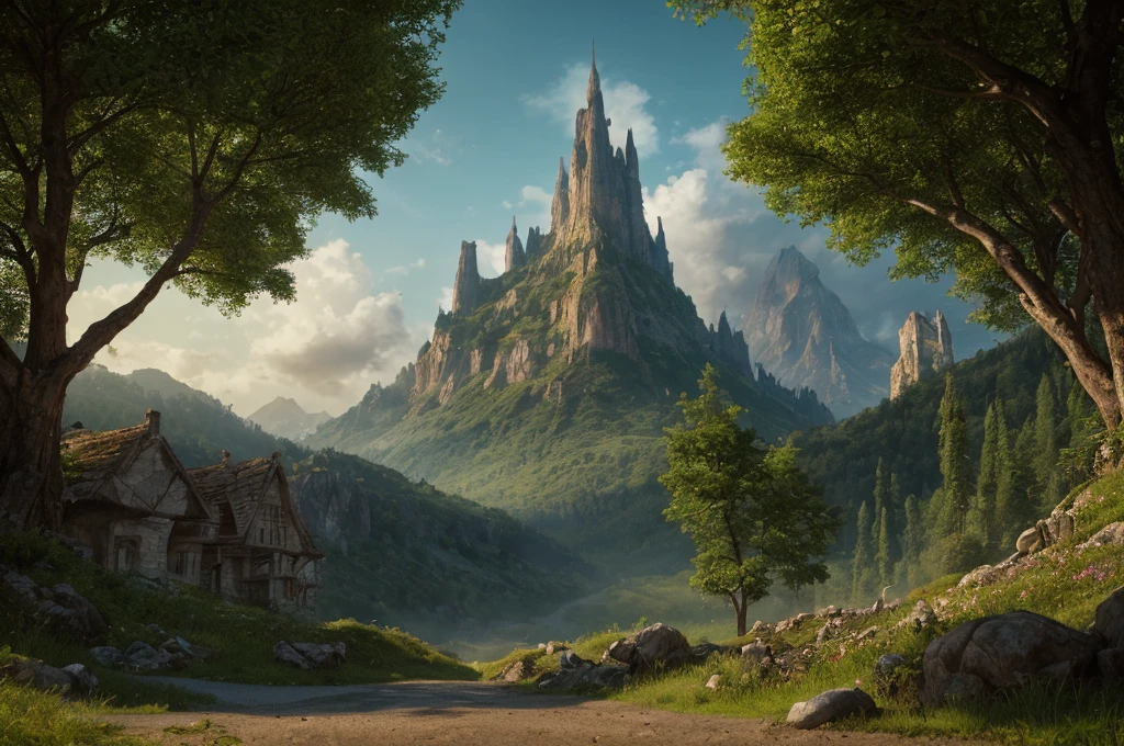 A detailed fantasy landscape, enchanted forests, majestic mountains, inspiré de Tolkien, à la manière de John Howe, digital painting, hyperrealistic, 8k, highly detailed, volumetric lighting, dramatic lighting, vibrant colors, lush vegetation, towering peaks, mystical atmosphere, cinematic composition, epic scale, intricate details, fantastical elements, photorealistic, masterpiece, forteresse
