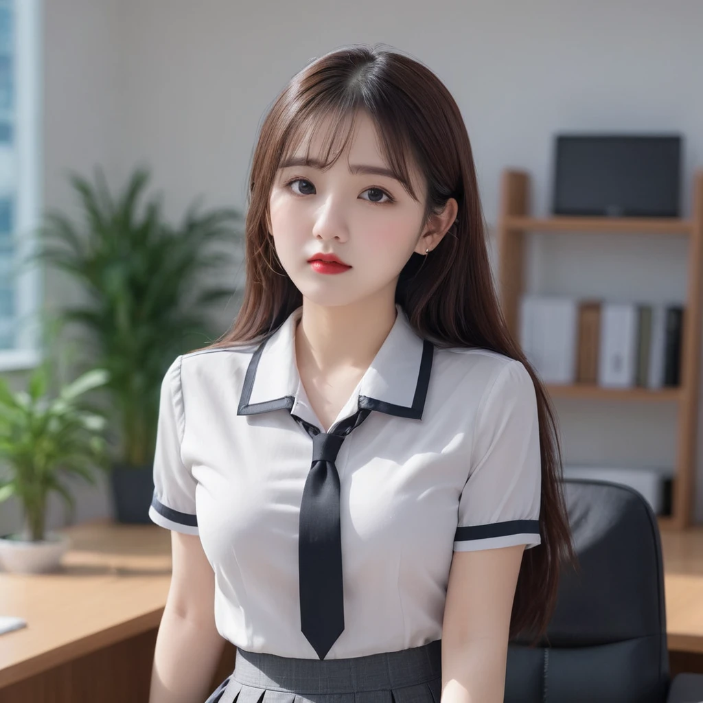 (8K, RAW Photos, Highest quality, masterpiece:1.2), (Realistic, photo-Realistic:1.37), Super detailed, 1 Girl, alone,Beautifully detailed skies,Detailed office,Sitting,Date,Big big breasts,Beautiful attention to detail,Are crying、(Collared shirt:1.1), (Long skirt:1.1),Bra is visible、(Long Hair:1.2),Floating Hair、Chubby、sexy、Are fat、I can see your ass、Anzu Manaka、PC Monitor