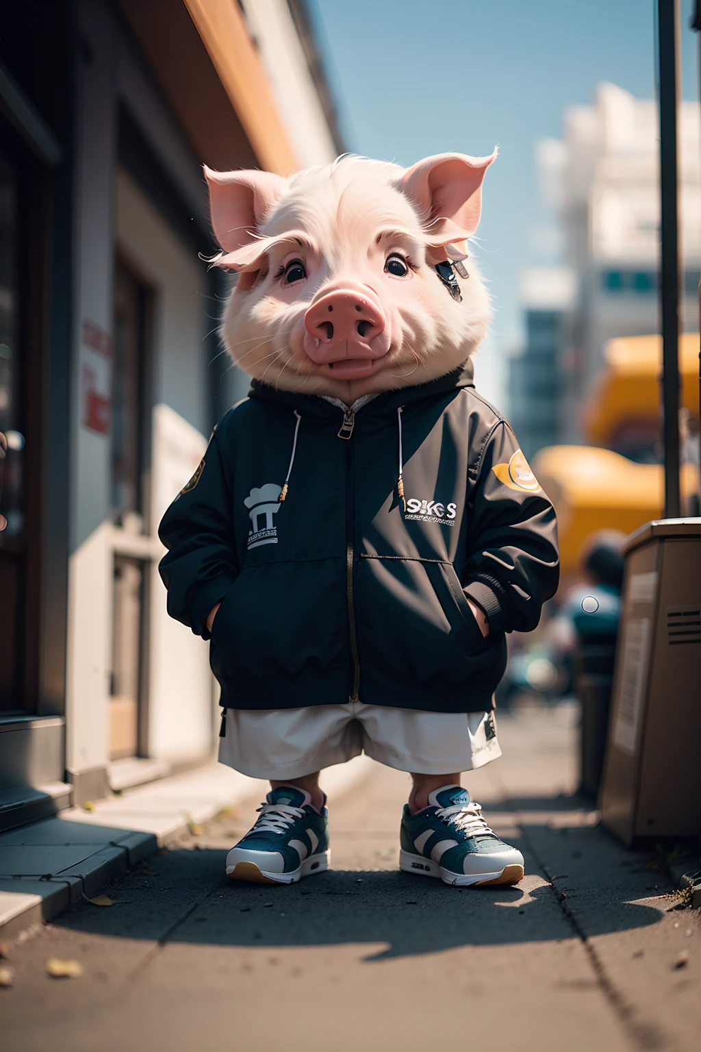 High resolution,超High resolution,8K,Very detailed,Realistic,photo-Realistic:1.37),Highest quality,masterpiece,pressure,shoes,sneakers,(pig:1.2),Blurred background,Blurred,alone,Outdoor,shoes,whole body,Depth of written boundary, blue sky