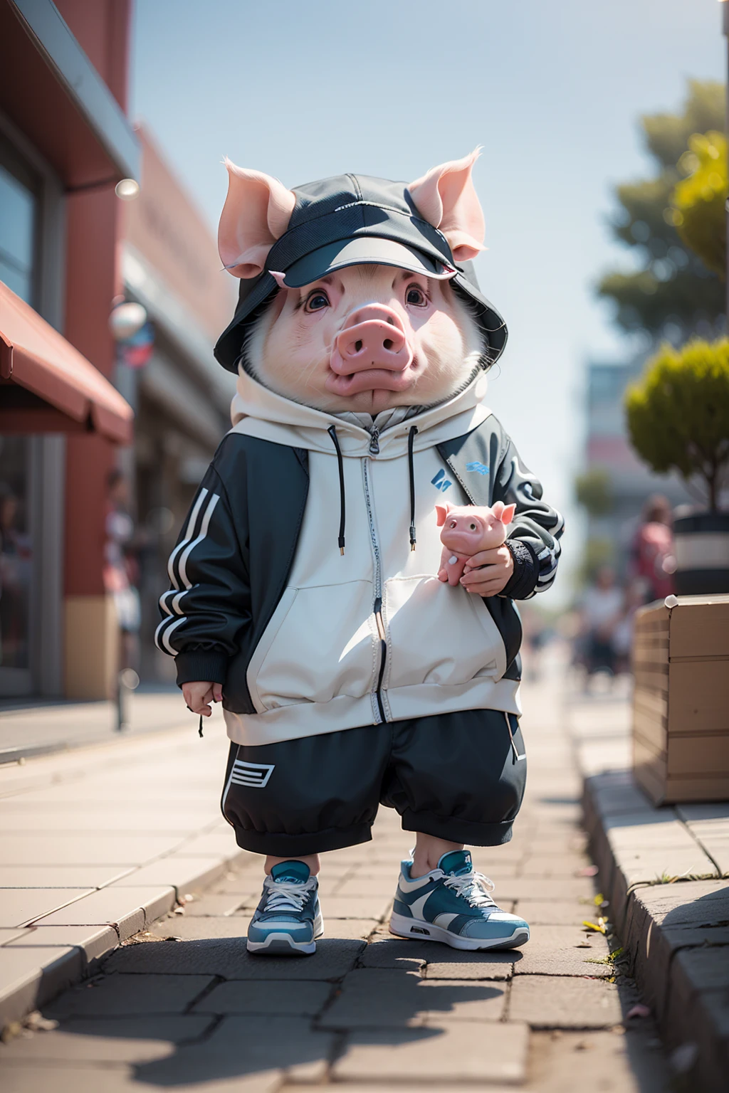 High resolution,超High resolution,8K,Very detailed,Realistic,photo-Realistic:1.37),Highest quality,masterpiece,pressure,shoes,sneakers,(pig:1.2),Blurred background,Blurred,alone,Outdoor,shoes,whole body,Depth of written boundary, blue sky