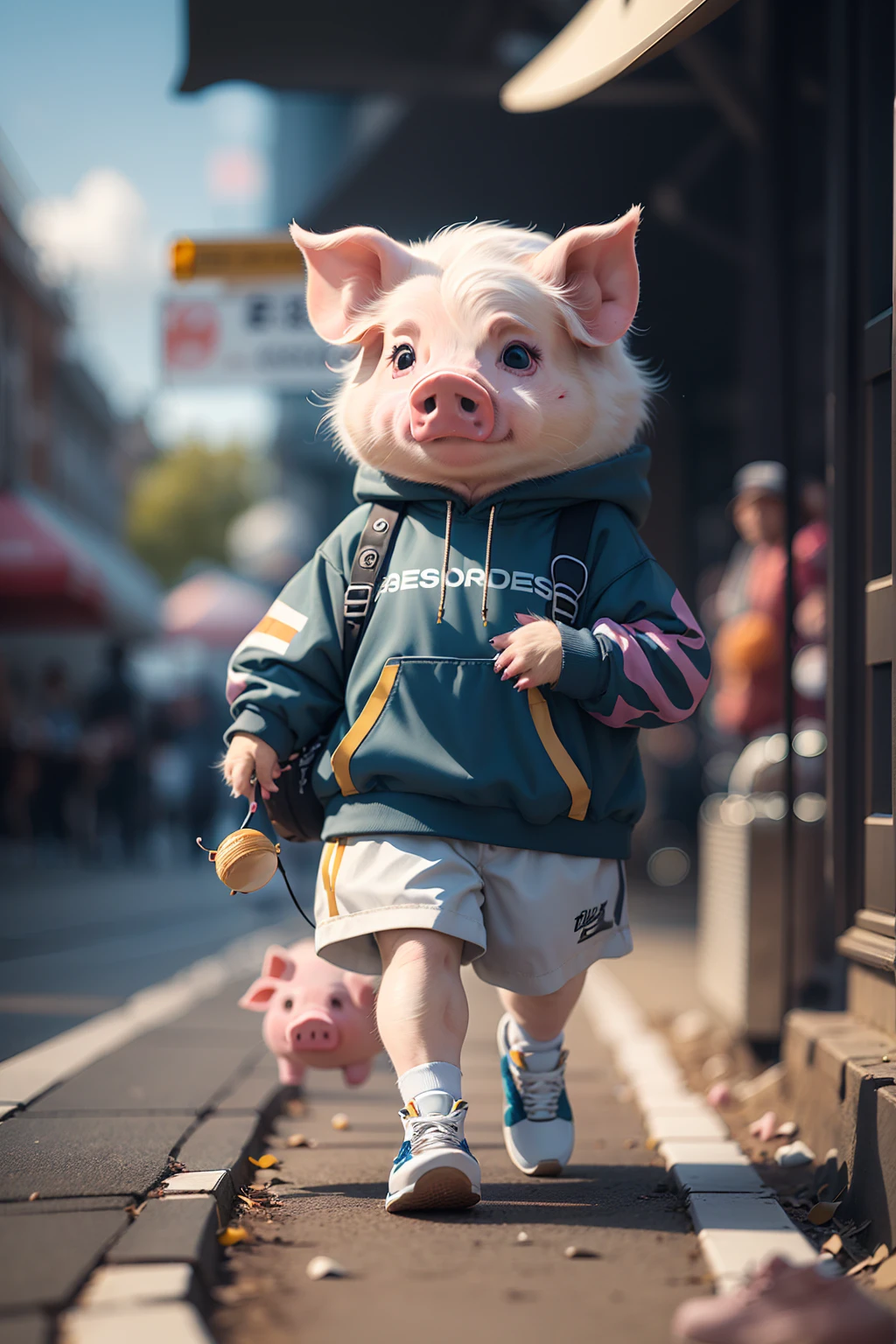 High resolution,超High resolution,8K,Very detailed,Realistic,photo-Realistic:1.37),Highest quality,masterpiece,pressure,shoes,sneakers,(pig:1.2),Blurred background,Blurred,alone,Outdoor,shoes,whole body,Depth of written boundary, blue sky