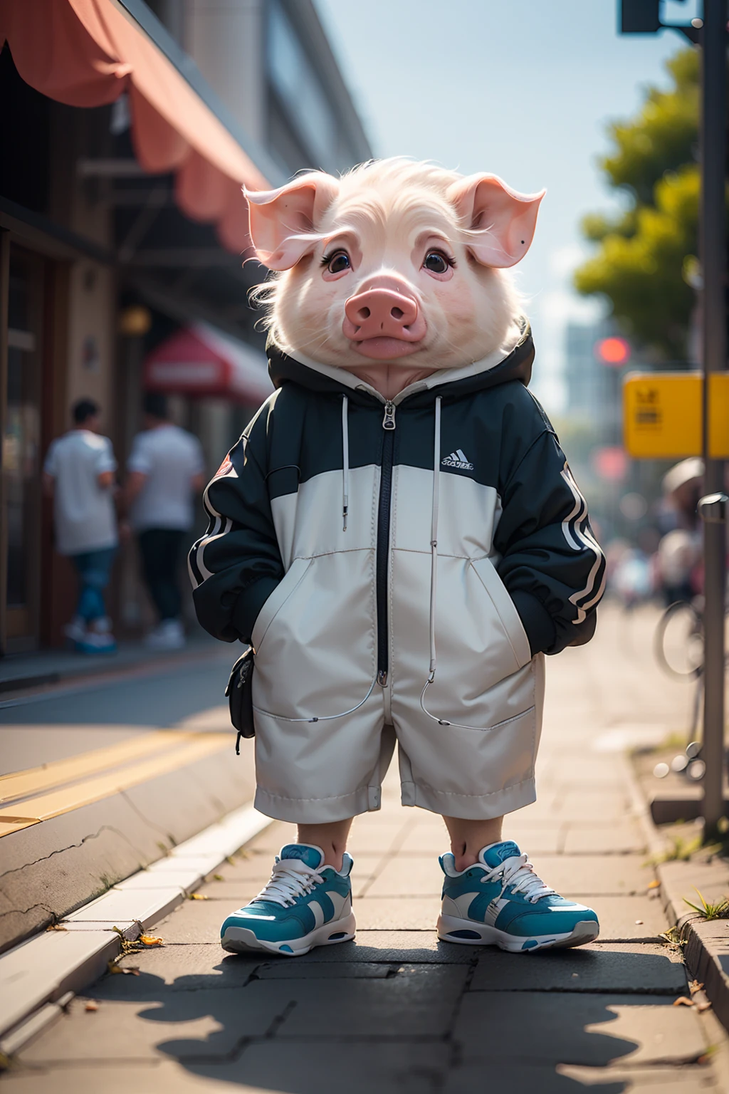 High resolution,超High resolution,8K,Very detailed,Realistic,photo-Realistic:1.37),Highest quality,masterpiece,pressure,shoes,sneakers,(pig:1.2),Blurred background,Blurred,alone,Outdoor,shoes,whole body,Depth of written boundary, blue sky
