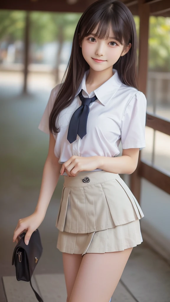 ((SFW: 1.4)), ((SFW, , Collared shirt, White shirt, Short sleeve, tie, (Very short skirt:1.7), smile, at school, 1 Girl)), Ultra-high resolution, (Genuine: 1.4), RAW Photos, Highest quality, (photoGenuineistic), concentrated ,Soft Light,(()),((Japanese)),(((Young Face))),(surface),(Depth of written boundary),masterpiece,(PhotoGenuine),woman,bangs,( (1 Girl),Long Hair,Photographed from the knees up、