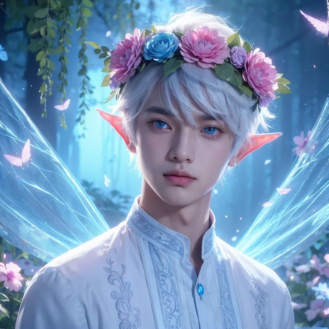 Handsome boy, white hair, blue eyes, wearing pink and light blue flower crown, wearing white barong tagalog, elf ear, "surrounded by light blue, pink, and purple light, magic forest background