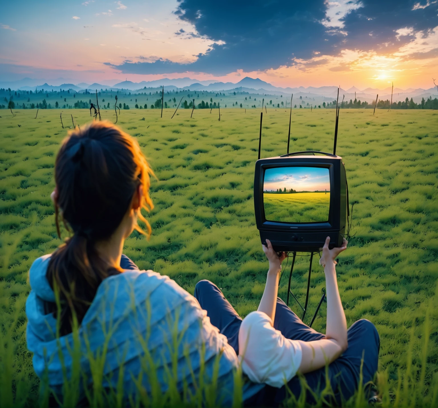 A person watching TV outdoors，Vast meadows，Soft light at dusk，Ultra high quality
