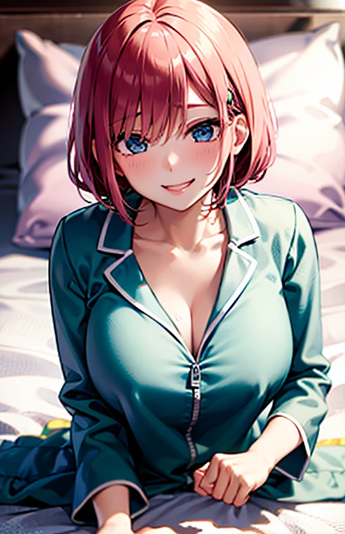 miku, pink hair, busty, butterfly hair ornament, big breasts, zipper pajamas, showing a little breasts, adorable pajamas, (erotic pose looking towards the camera where the viewer is, excited, mischievous smile, dawning with the viewer in bed, lying in bed, head on the pillow, semi naked