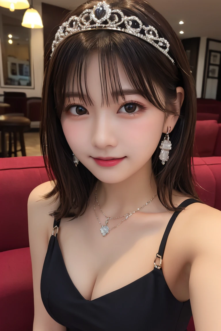Highest quality, (beautiful)、A flashy black mini dress with shoulder straps、Larger breasts、Brown Hair、looking at the camera、Sit on the sofa、Close-up、Selfie、pub、tiara、necklace、Earrings、night、Dark Room、Dim lighting、No windows、smile、