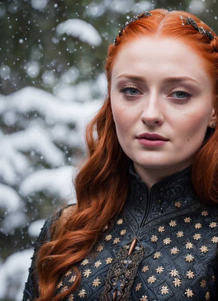 Face of Sophie Turner, Sansa Stark played by Sophie Turner, the de facto Lady of the Eyrie, is a 40-year-old mature queen with a stunning, alluring appearance. Full Face, Full figured woman, pierced eyes, reddish lips, upper body shot, erotic Mediaeval costumes, game of thrones costumes, She wears a Game of Thrones-inspired costume and has a deep cleavage, a perfect thick body, and a perfect thick figure. The photograph captures her in a close-up, with her skin texture and facial features being ultra-realistic and realistic. Juicy thick figure, high quality skin, Skin pores, amazing details, snow, snow flakes, semi realistic, extremely detailed eyes, dark moody orange and black settings, cool environment, artificial intelligence