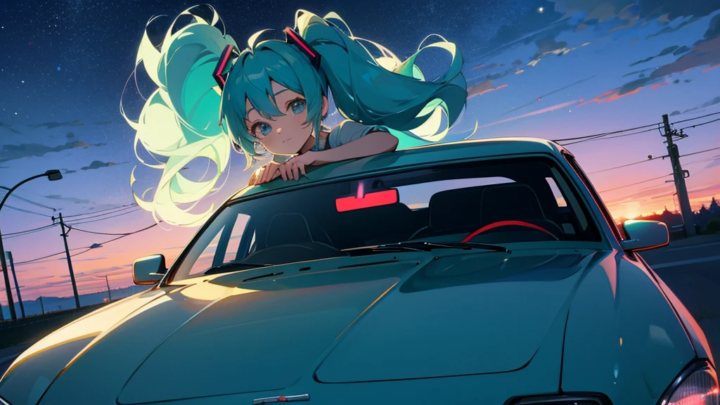 Hatsune Miku、Under the moon、Leaning on the hood of a car