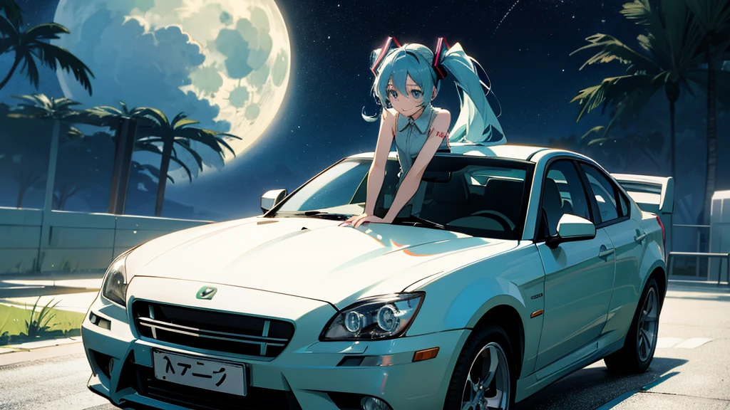 Hatsune Miku、Under the moon、Leaning on the hood of a car