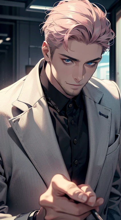 (best quality,4k,8k,highres,masterpiece:1.2),ultra-detailed,(realistic,photorealistic,photo-realistic:1.37),1 man,31 years old,mature man,very handsome,without expression,smile,short grey pink hair,blue eyes,penetrating gaze,perfect face without errors,imposing posture,businessman,office background,cinematic lighting,hdr image