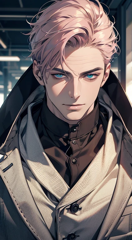 (best quality,4k,8k,highres,masterpiece:1.2),ultra-detailed,(realistic,photorealistic,photo-realistic:1.37),1 man,31 years old,mature man,very handsome,without expression,smile,short grey pink hair,blue eyes,penetrating gaze,perfect face without errors,imposing posture,businessman,office background,cinematic lighting,hdr image