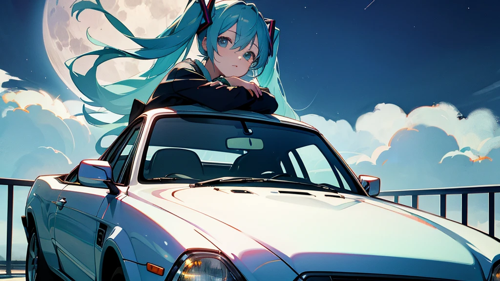 Hatsune Miku、Under the moon、Leaning on the hood of a car