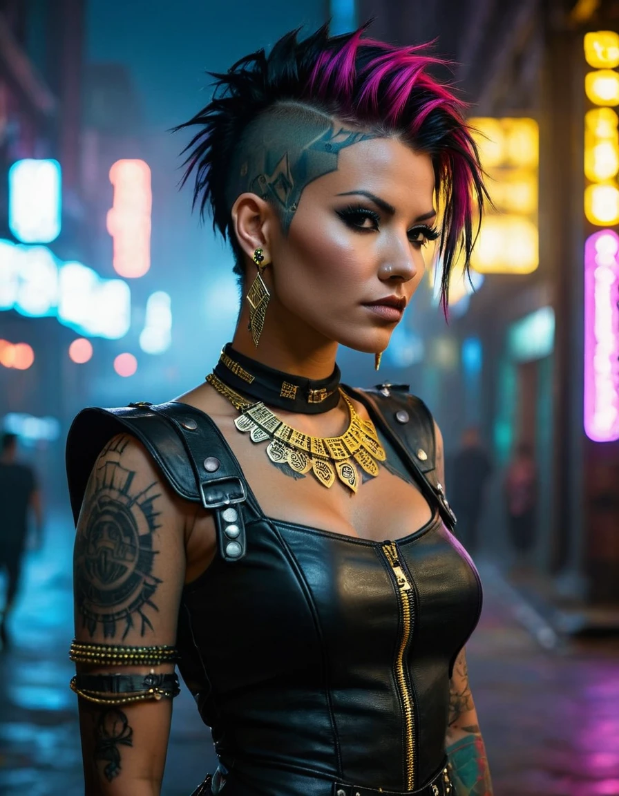 (masterpiece:1.7, best quality, ultra detailed, moonlight lights ratio, ultra realistic:1.3), Cinematic lighting:0.7, full-body portrait of a Brazilian woman with a punk Wiccan (witch) style, wearing a detailed gothic dress with leather elements, adorned with Egyptian gold jewelry, piercings, and runic tattoos. Sharp focus on her face, perfect eyes:1.5, photorealistic:1.5, film grain, looking at the camera:1.3, emphasize shoulders, foggy, misty, volumetric dust, key light, ray tracing, film grain ISO 800, 16 mm lens, RAW f1.8 aperture, analog photography, HDR colors, (cyberpunk cityscape:1.5), neon lights, futuristic buildings, (deep depth of field:1.3), complex and out-of-focus background, vibrant colors, dark, elegant, and intimidating atmosphere, (Brazilian ethnicity:1.5), (punk elements:1.5), (leather clothing:1.5), (sensual pose:1.2), (piercings:1.3), (runic tattoos:1.3), (detailed gothic dress:1.5), (Egyptian gold jewelry:1.5), (cyberpunk elements:1.5), (city at night:1.3), (high-tech gadgets and architecture:1.3), (neon signs and lights:1.3), (moody and atmospheric:1.3), (EULER A method)