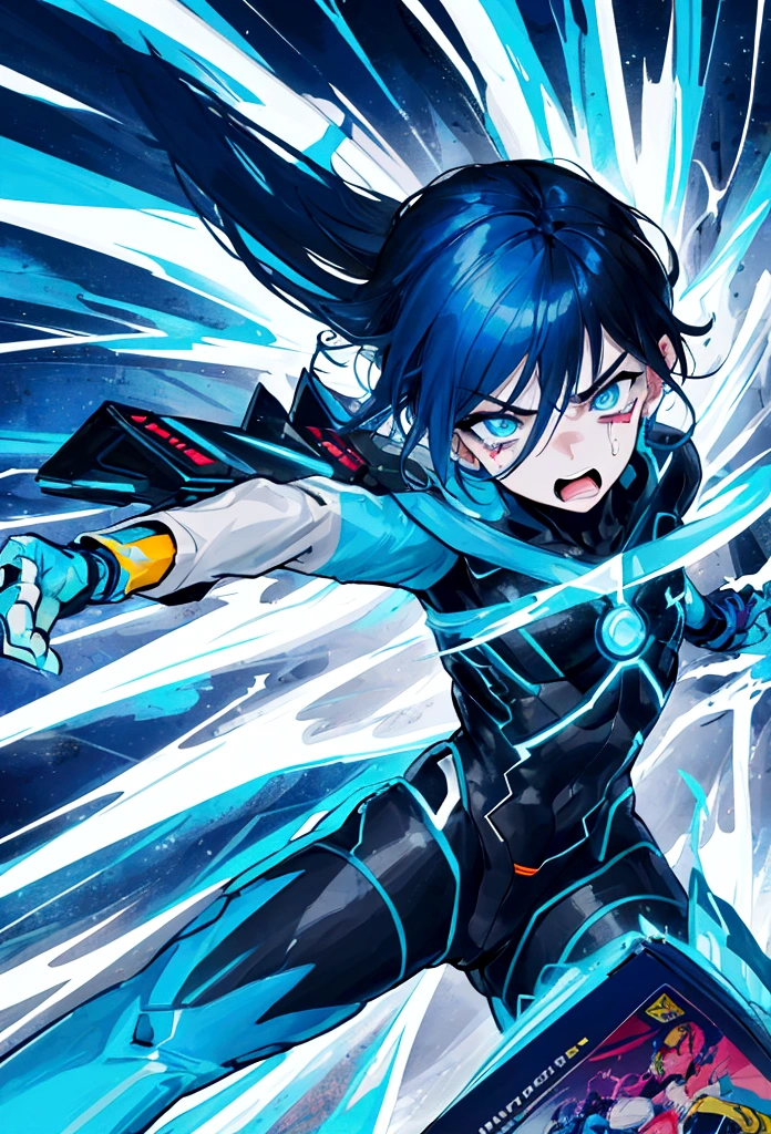 An young man's frightened face in comic book style, depicted in a bold, expressive lines and vibrant colors, against a contrasting gradient background that oscillates between electric blue and neon yellow, evoking a sense of urgency and unease, the subject's eyes wide with fear, eyebrows furrowed, and mouth agape, surrounded by abstract shapes and streaks, reminiscent of classic comic book visual motifs, imbued with a dynamic, kinetic energy, capturing the intense emotional turmoil of the moment, while exuding a futuristic, sci-fi flair.