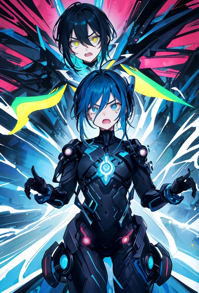 An young man's frightened face in comic book style, depicted in a bold, expressive lines and vibrant colors, against a contrasting gradient background that oscillates between electric blue and neon yellow, evoking a sense of urgency and unease, the subject's eyes wide with fear, eyebrows furrowed, and mouth agape, surrounded by abstract shapes and streaks, reminiscent of classic comic book visual motifs, imbued with a dynamic, kinetic energy, capturing the intense emotional turmoil of the moment, while exuding a futuristic, sci-fi flair.