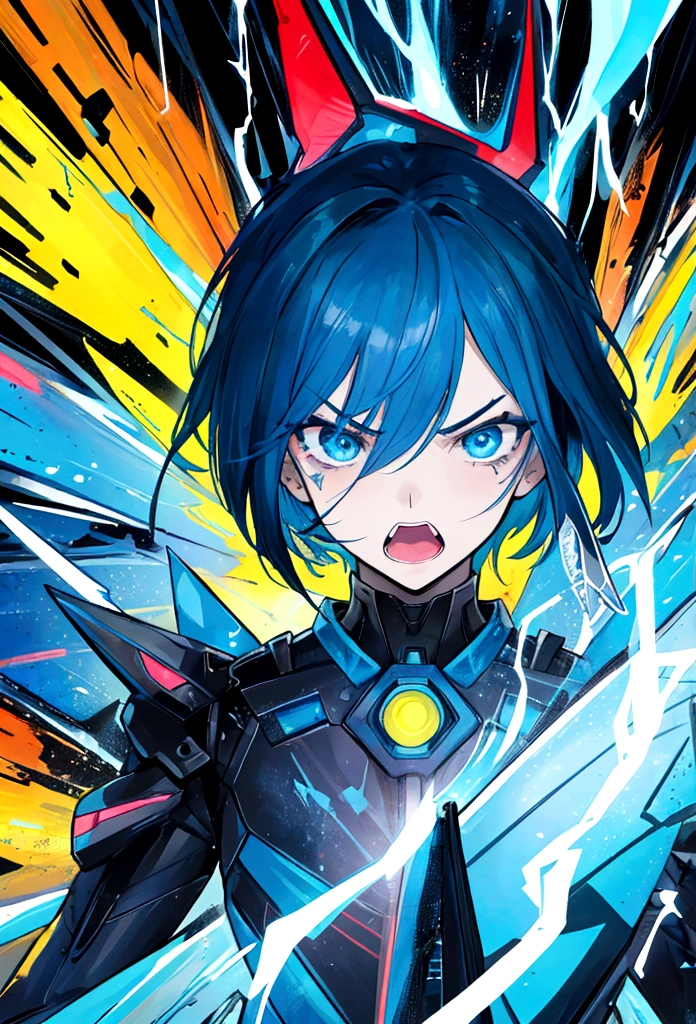 An young man's frightened face in comic book style, depicted in a bold, expressive lines and vibrant colors, against a contrasting gradient background that oscillates between electric blue and neon yellow, evoking a sense of urgency and unease, the subject's eyes wide with fear, eyebrows furrowed, and mouth agape, surrounded by abstract shapes and streaks, reminiscent of classic comic book visual motifs, imbued with a dynamic, kinetic energy, capturing the intense emotional turmoil of the moment, while exuding a futuristic, sci-fi flair.