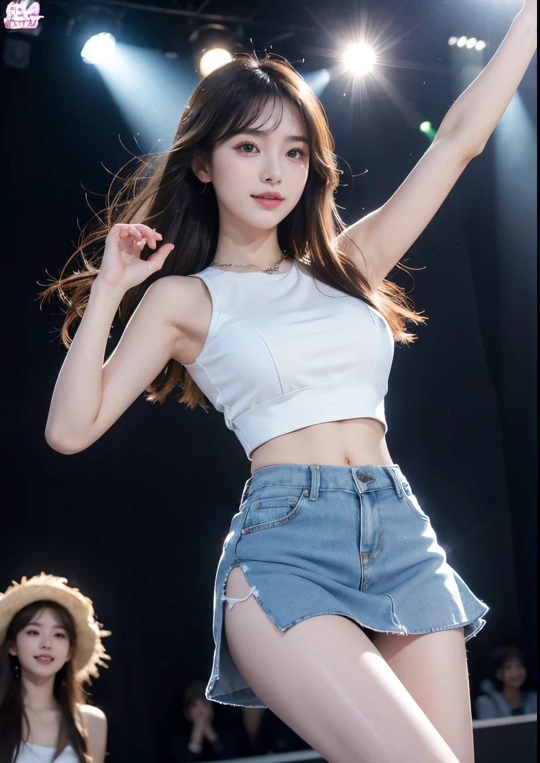 (8K、Raw photography、Photorealsitic:1.25)、1、( woman with beautiful perfect face、Expressing the joy of dancing with color)、Pose with legs raised high、Line Dance、lipgloss、long eyelashes beautiful look、shiny bare skin、top-quality、超A high resolution、Stage costumes with many jewels shining、Bask in the lights on the stage、a miniskirt、Photograph the whole body、Reduce depth of field
