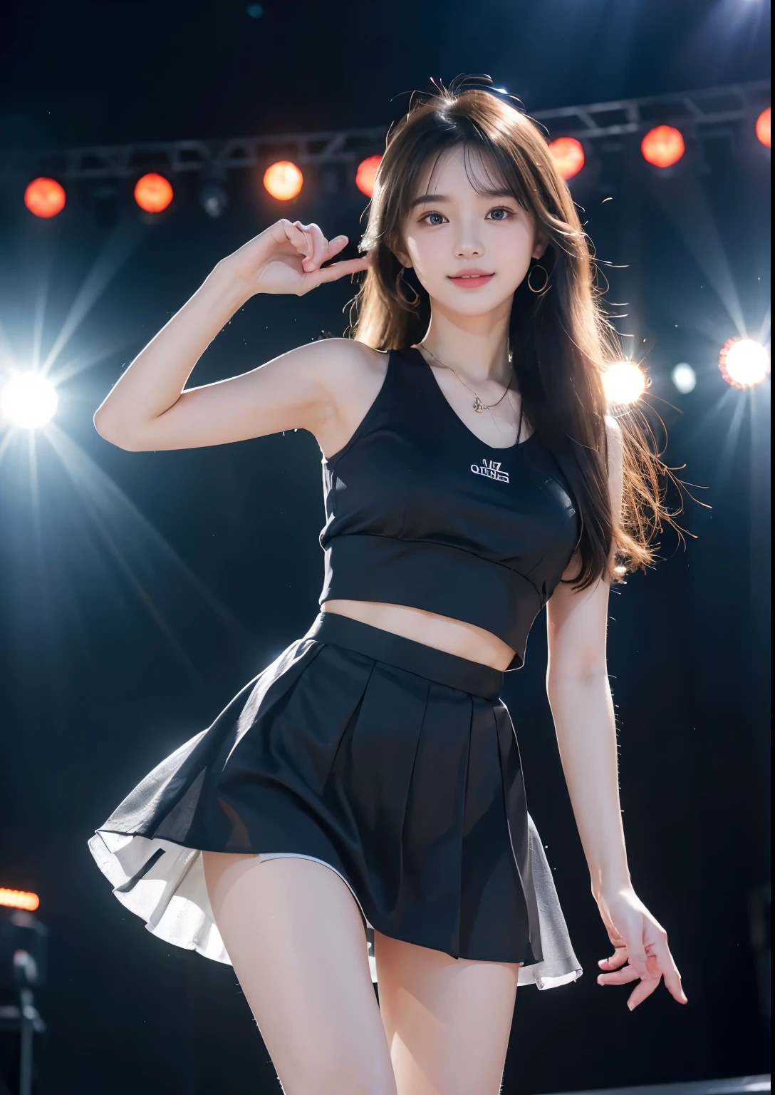 "Glamorous Japanese pop idol, 20 years old, height 159cm, youthful curvy figure
 (86-58-87 cm), perky D-cup breasts, tiny 58cm waist, shapely 87cm hips, toned
 dancer's legs, flawless porcelain skin (RGB: 255, 236, 214), cute heart-shaped face,
 large sparkling eyes (light brown, RGB: 105, 68, 36) with double eyelids, small cute
 nose, full lips with glossy pink lipstick (RGB: 255, 138, 174) in a bright smile, long
 hair dyed pastel pink (RGB: 255, 209, 220) with blonde highlights, styled in high
 pigtails with bangs, dramatic stage makeup with glitter eyeshadow and rhinestones,
 wearing a glittery crop top in silver and pink revealing midriff, matching ultra-short
 skirt accentuating hips, thigh-high white boots with platform heels, multiple cute
 accessories like star-shaped earrings and heart choker, energetic dance pose with
 one hand up and hip popped, on a massive concert stage with LED screens
 displaying geometric patterns, laser lights in various colors, fog machines creating
 atmosphere, dynamic performance photography capturing movement and energy,
 shot with Panasonic Lumix S1H mirrorless camera, 24-70mm f/2.8 lens at 50mm,
 ISO 6400, 1/500 sec, 24MP resolution in 6K video mode, focus on facial expression
 and dynamic pose--ar 16:9--q 2--s 700--v 6.0--style raw"
