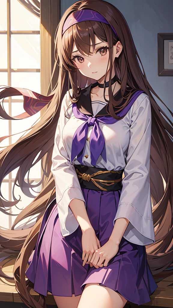 An anime girl in a lavender Clan outfit, with long, loose brown hair and brown eyes and a bandana on her forehead