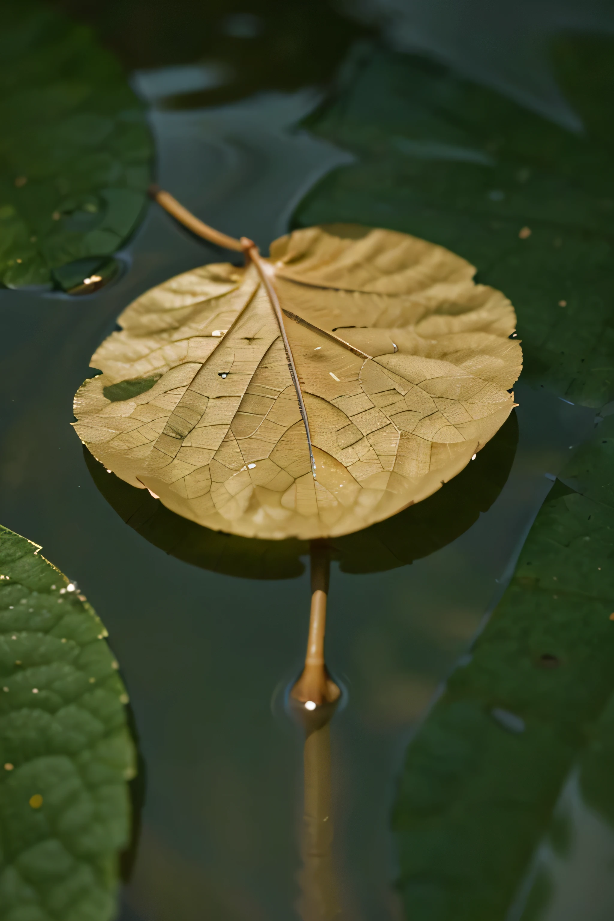 a stunning close-up portrait of a delicate leaf floating on the surface of the water.