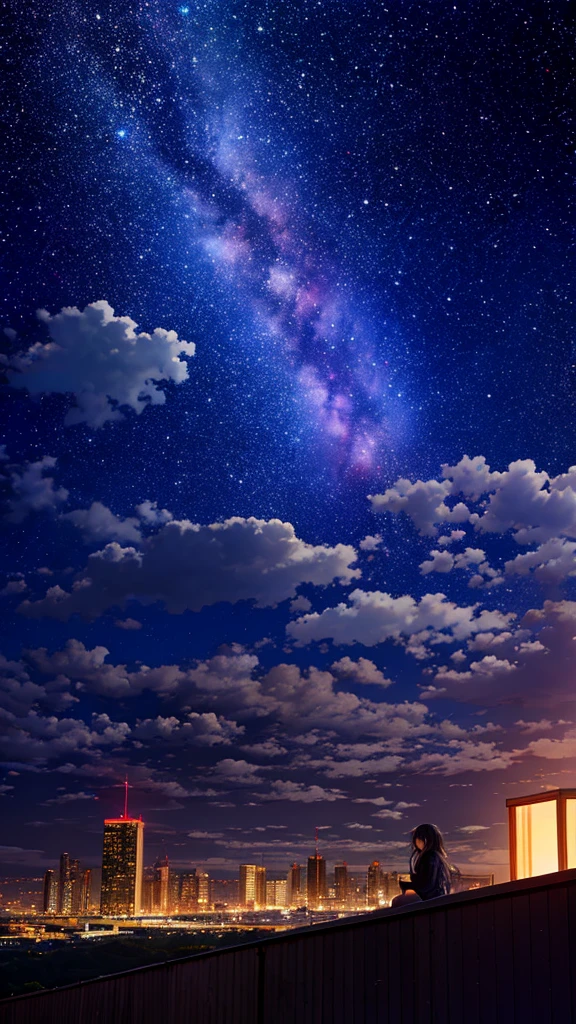 Octane, null, star (null), scenery, starry null, night, One girl, night null, alone, Outdoor, building, cloud, milky way, Sitting, wood, Long Hair, city, silhouette, cityscape,8K resolution,building,rooftop,風で揺らめくLong Hair