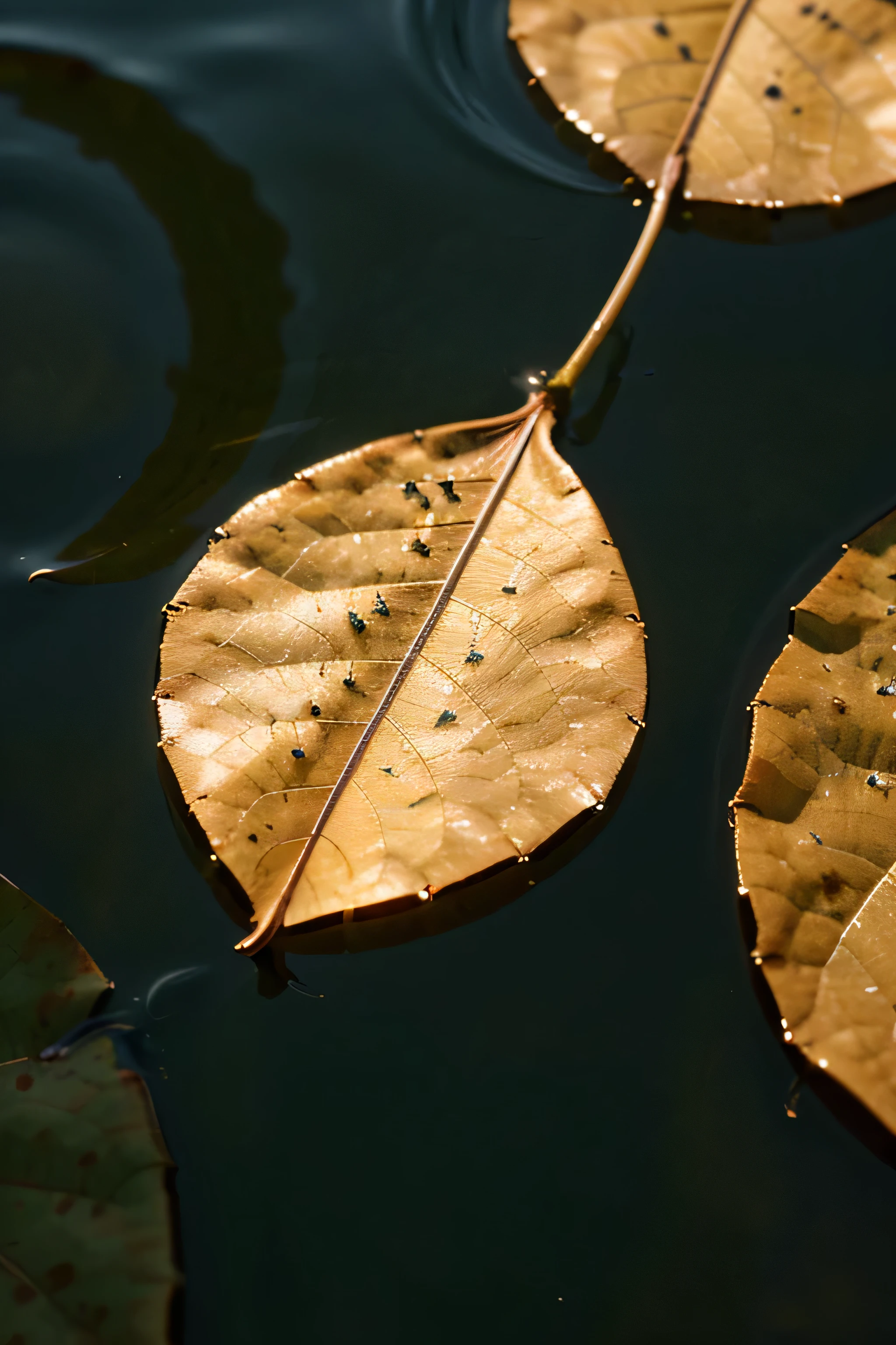 a stunning close-up portrait of a delicate leaf floating on the surface of the water.