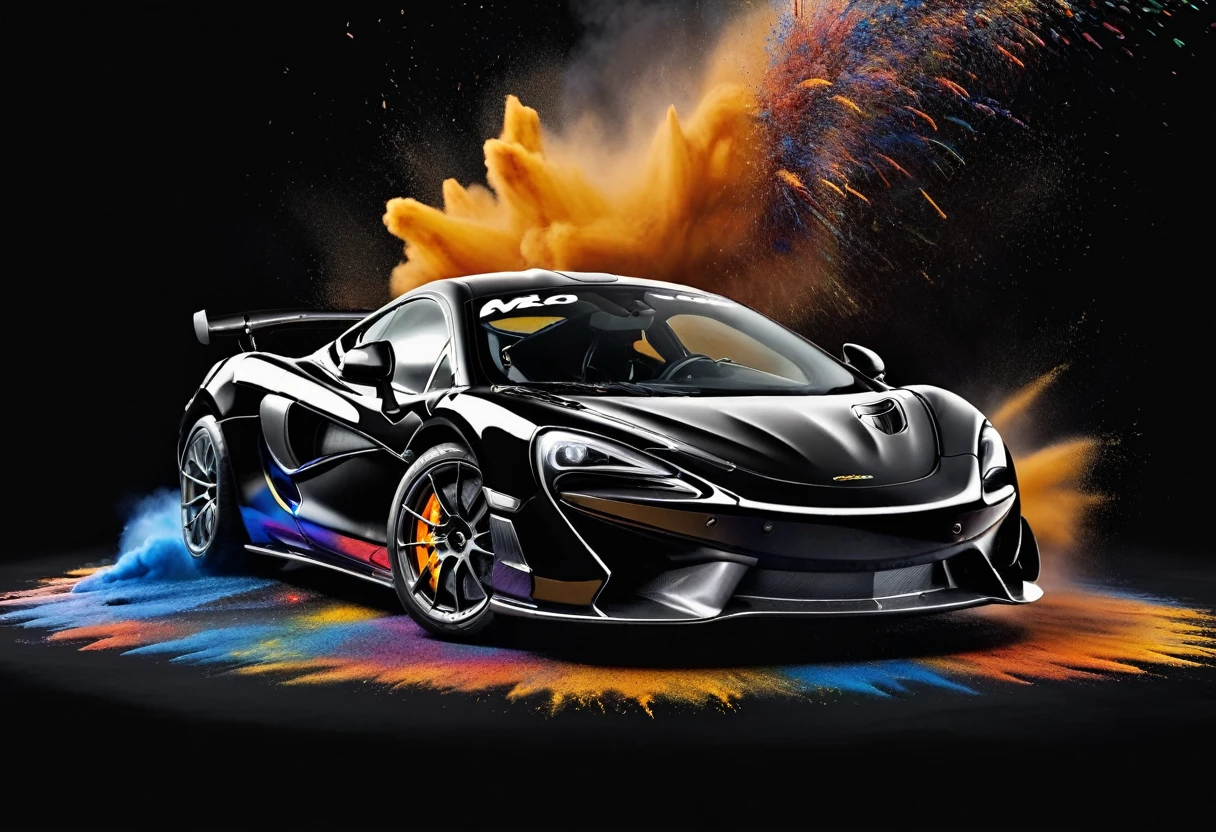 McLAREN 570S GT4, black backdrop, paint exploding in the background