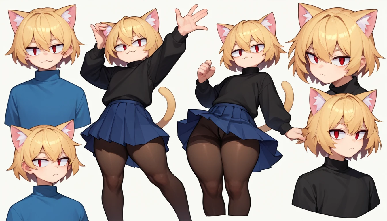 score_9, score_8_up, score_7_up, score_6_up, score_5_up, score_4_up, BREAK, 1boy, solo, necoarc, lit pupils, cat ears, blonde hair, red eyes, :3, turtleneck, blue skirt, pleated skirt, pantyhose, brown footwear, highlight thighs, thick thighs, seductive pose, (dynamic poses), looking at the viewer
